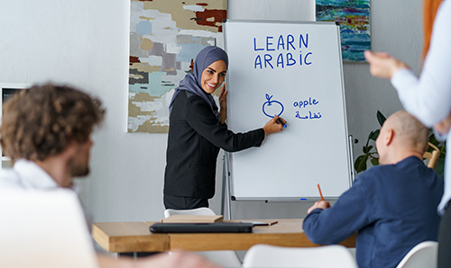 Arabic teacher leading a classroom lesson with a whiteboard showing the word apple in English and Arabic.