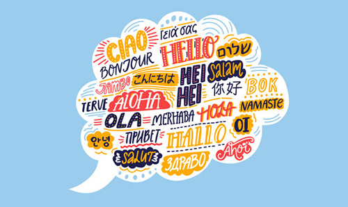Speech bubble with “hello” in multiple languages.