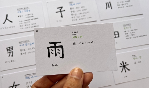 Japanese language flashcards with kanji characters and translations.