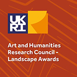 UKRI logo with bold white letters on a navy and yellow square, above text reading Art and Humanities Research Council Landscape Awards on an orange abstract patterned background.