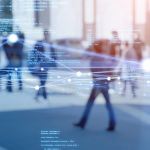 People walking in background overlaid with date information graphics.