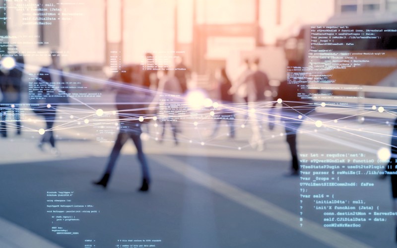 Abstract image of public walking with overlaid code and network maps