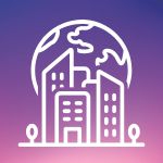 International business icon against a purple and pink gradient background.