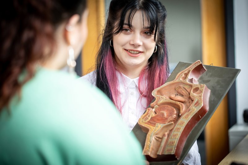 Student holding a model with another student observing during a practical linguistics session.