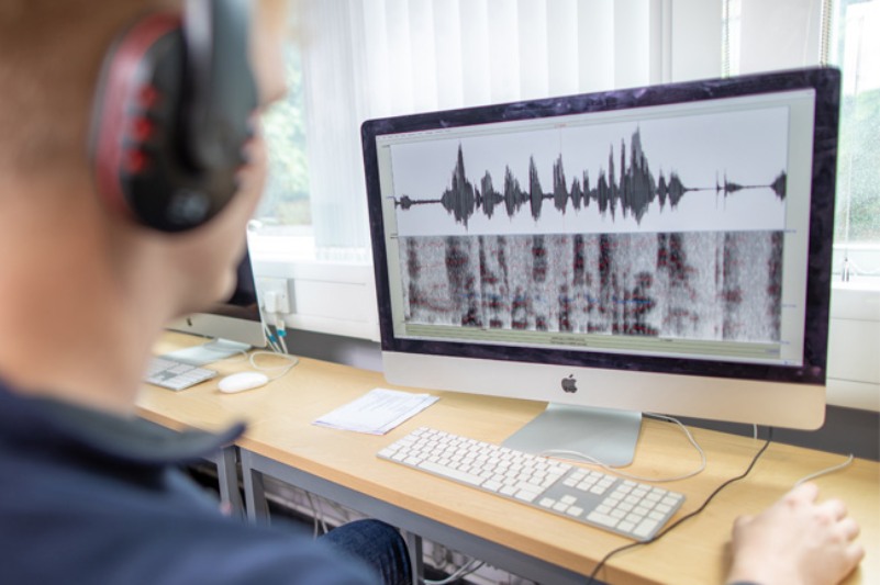 Student analysing speech recordings on a computer, using specialist software in a linguistics lab.